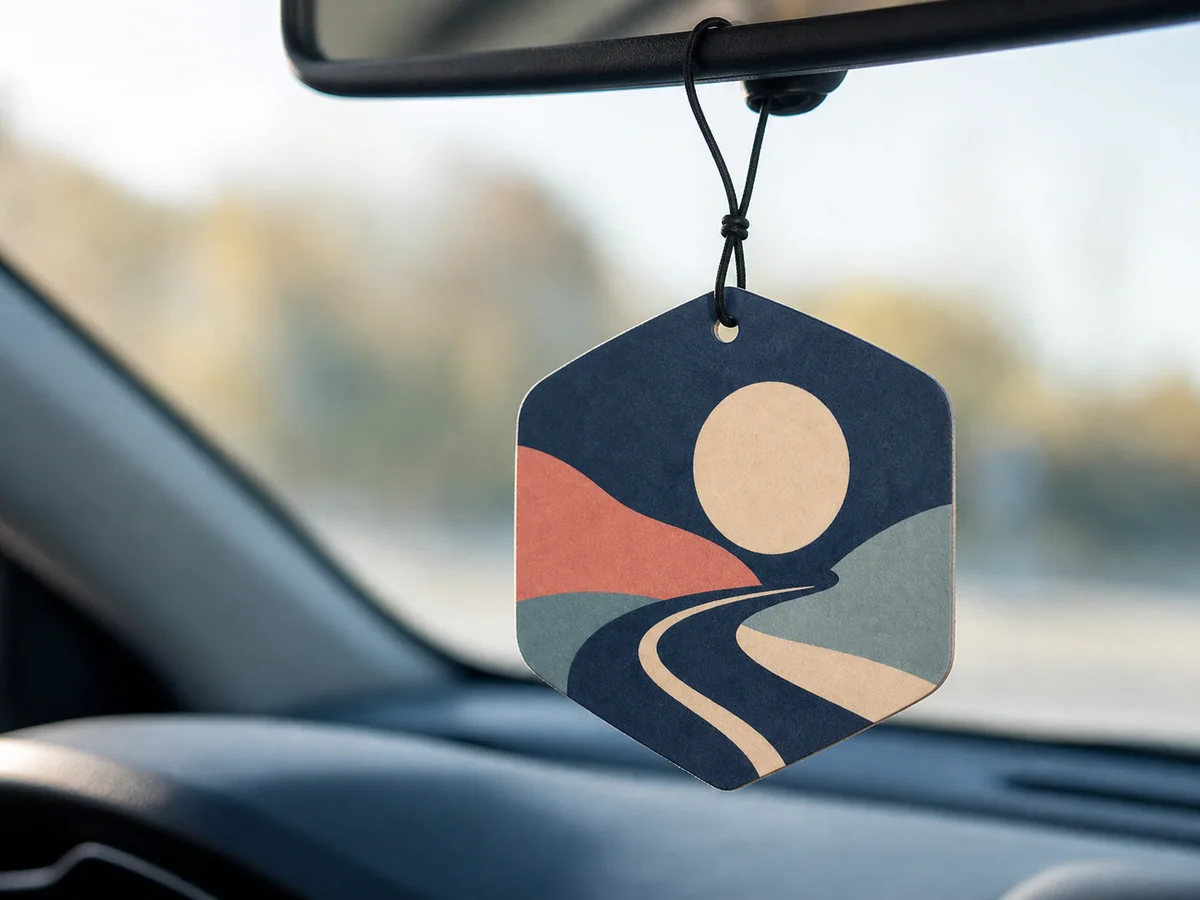 Custom printed air freshener hanging from a car mirror