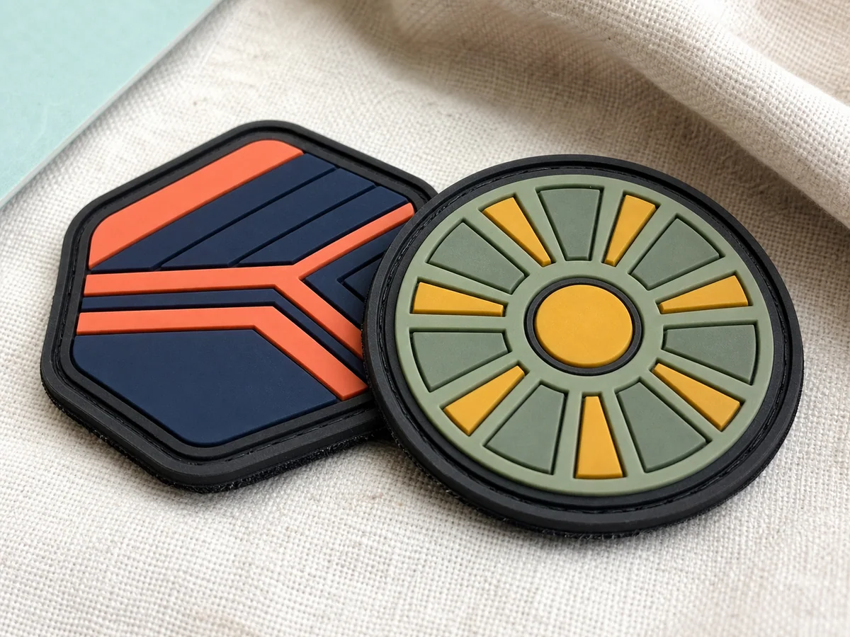 Two custom soft PVC patches on woven fabric