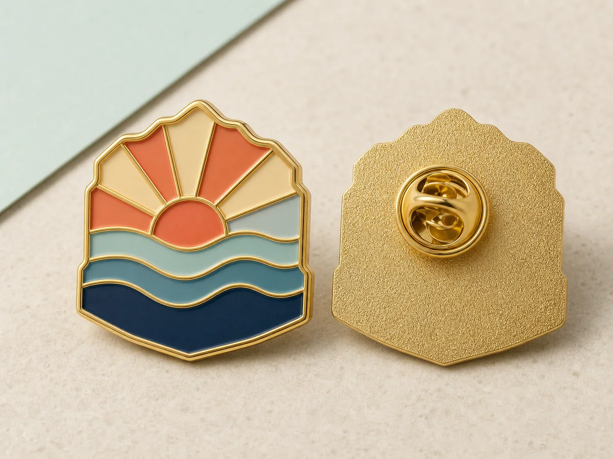 Custom gold soft enamel pin shown from front and back