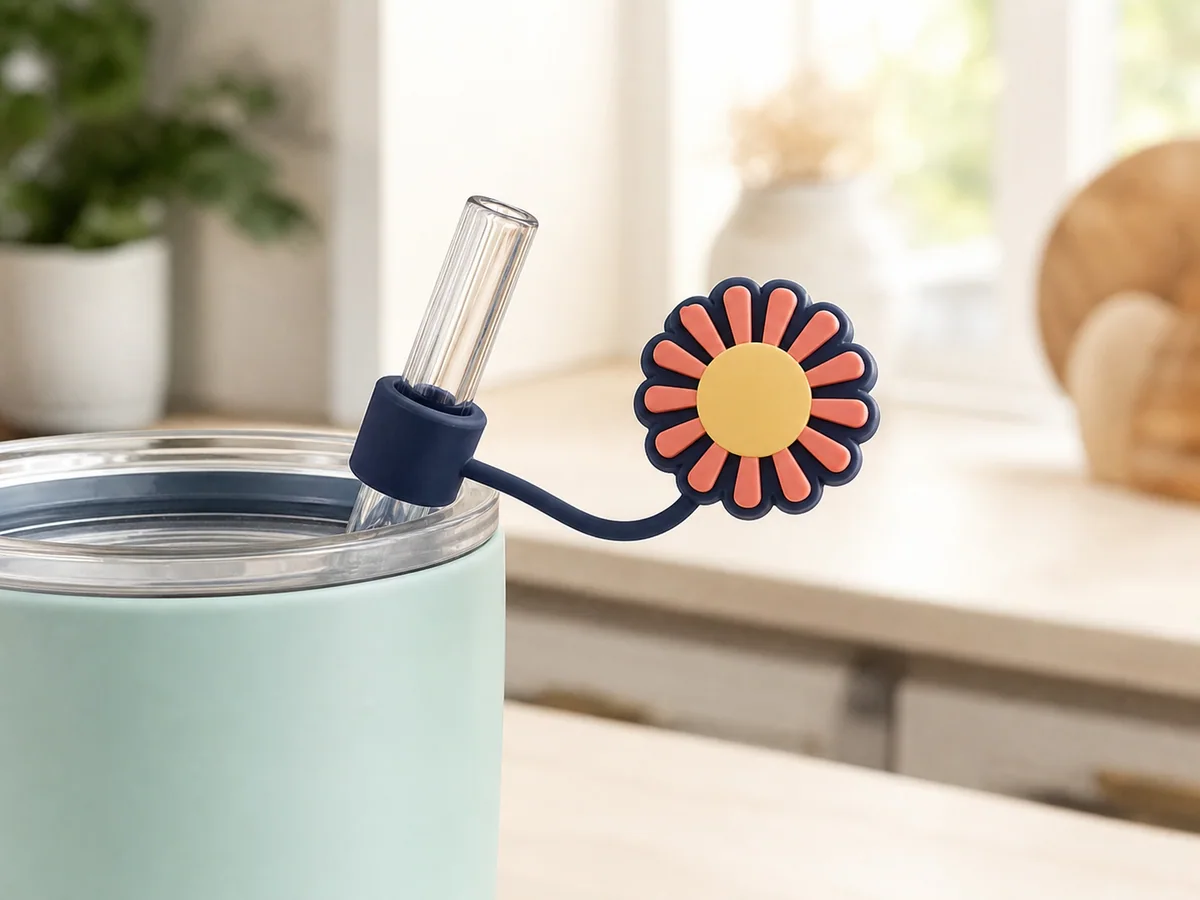 Custom silicone straw cap attached to a reusable tumbler straw