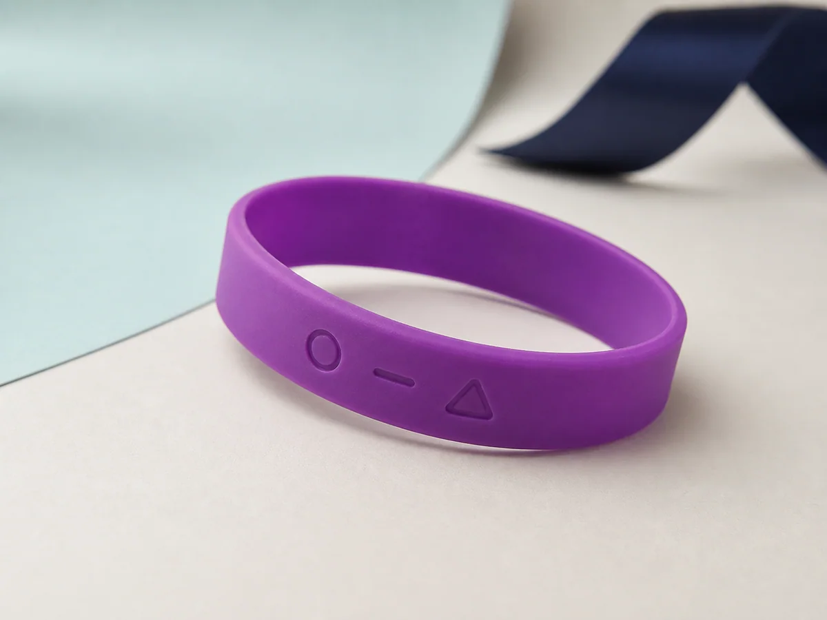 Purple custom silicone wristband with debossed geometric symbols