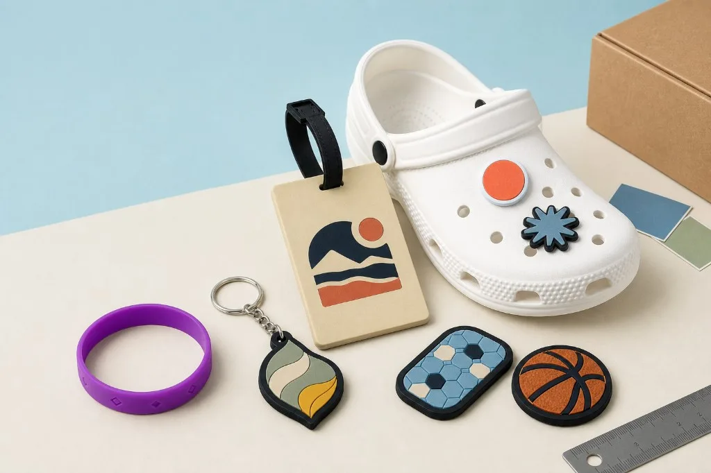 Custom promotional products — silicone wristband, rubber keychain, luggage tag, shoe charms and PVC patches
